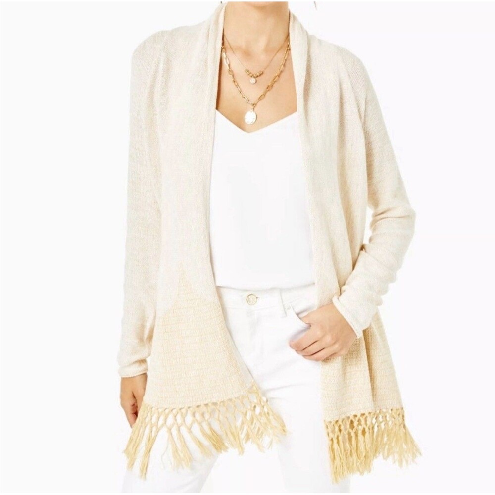Lilly Pulitzer Tatum Long Fringe Hem Cardigan Ivory Gold Metallic Size Small